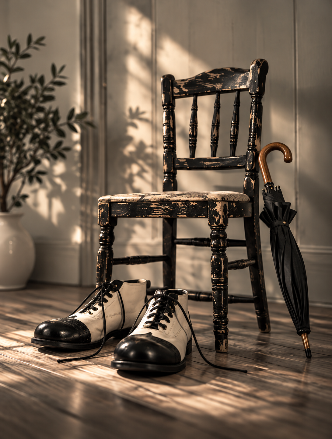 Vintage theatrical still life with an old chair, oversized comedy shoes and a dusty-pink hat